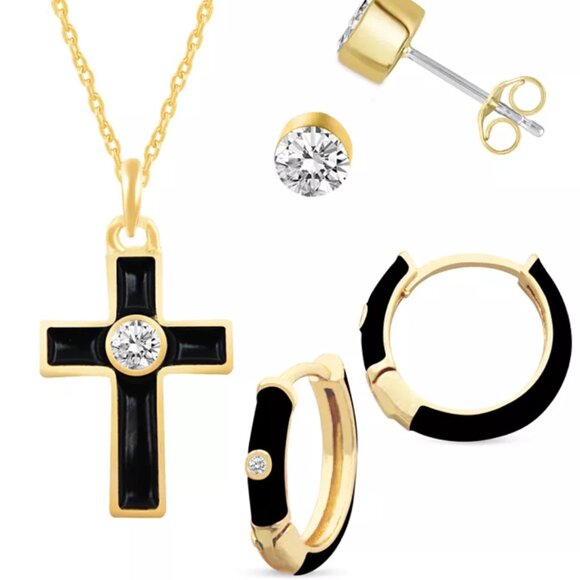 Black Cross Crystal Enamel Necklace and Earring for everyday wear Set, 3-Piece - Picture 1 of 5